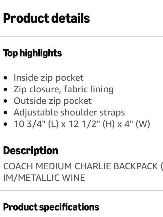 Coach EUC Charlie Metallic Wine Pebbled Leather medium Backpack with hang tag main image 12